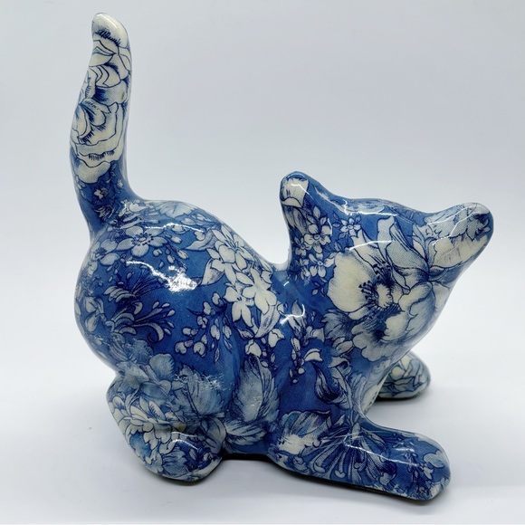 Joan Baker Porcelain Patchwork Vintage Decoupage Blue Floral Ceramic Cat Figure - Picture 5 of 13